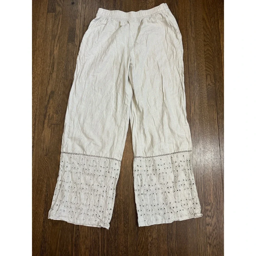 Zara Linen Blend Wide Leg Eyelet Embroidered Pants Beige Small Boho Trousers(48)